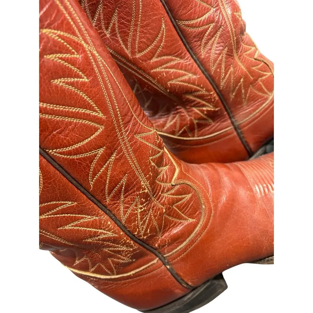 Tony Lama Cowboy Boot Cognac Distressed Leather USA Western Heritage Vintage 9.5